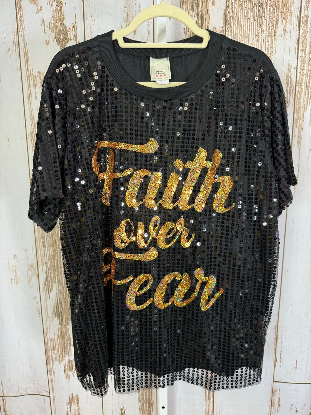 Fashion of New York, Sequin Top Faith Over Fear. Size 3X. Excellent condition!